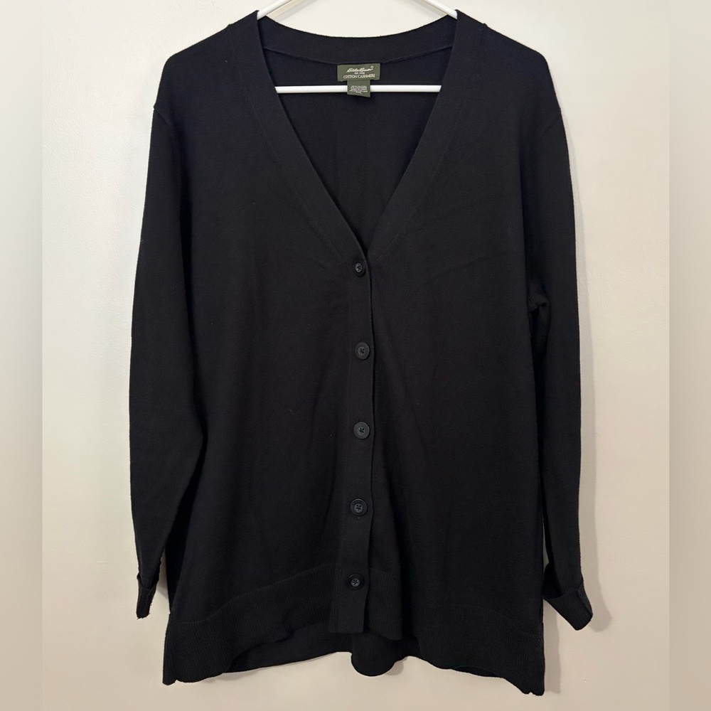 100% Cotton & Cashmere Eddie Bauer Women's V-Neck Black Cardigan